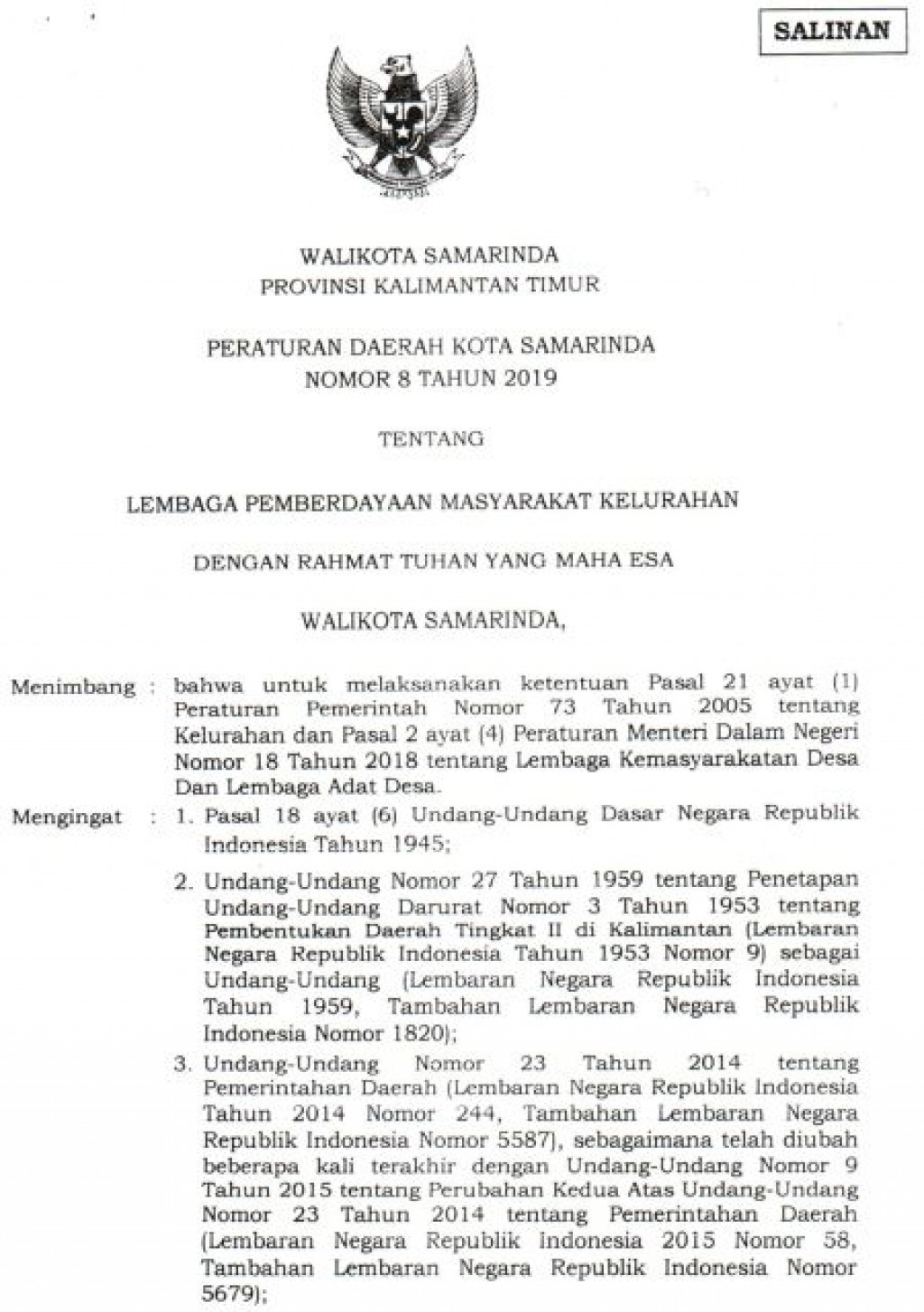 Perda Kota Samarinda Nomor 8 Tahun 2019
